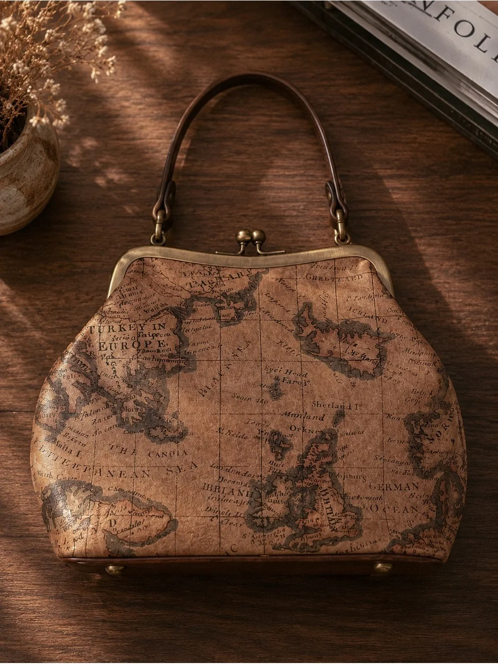 Patricia Nash Vintage Map Print Leather Frame Kiss Lock Top Handle Satchel Purse